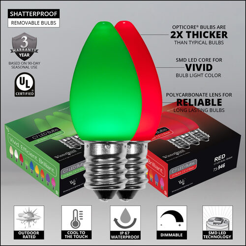 C7 Green / Red Smooth OptiCore Commercial LED Christmas Lights, 50 Lights, 50'