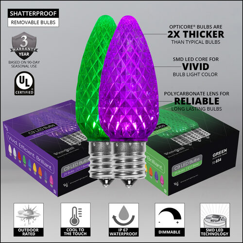 C9 Green / Purple OptiCore Commercial LED Halloween Lights, 50 Lights, 50'