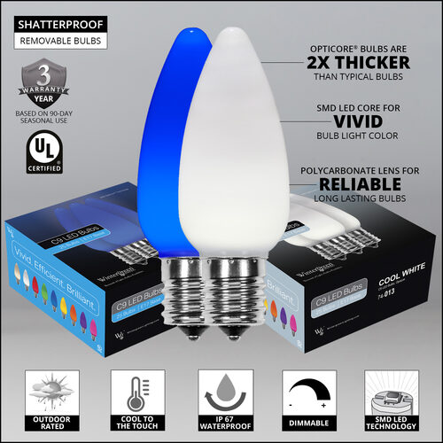 C9 Blue / Cool White Smooth OptiCore Commercial LED Christmas Lights, 50 Lights, 50'