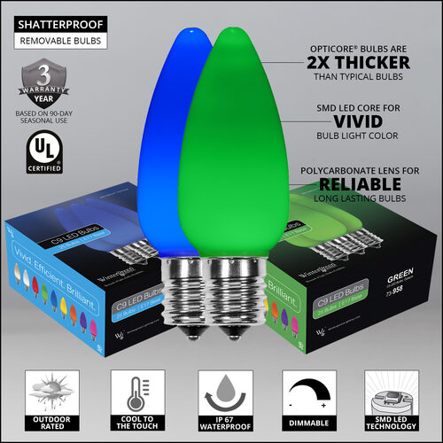 C9 Blue / Green Smooth OptiCore Commercial LED Christmas Lights, 50 Lights, 50'