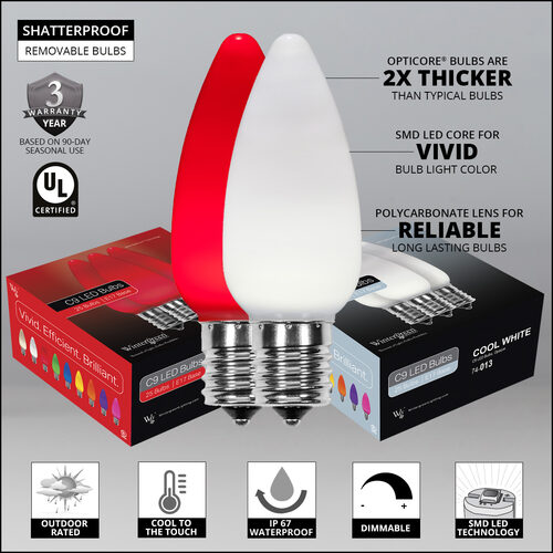 C9 Cool White / Red Smooth OptiCore Commercial LED Christmas Lights, 50 Lights, 50'