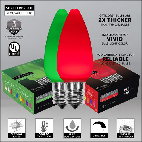 C9 Green / Red Smooth OptiCore Commercial LED Christmas Lights, 50 Lights, 50'