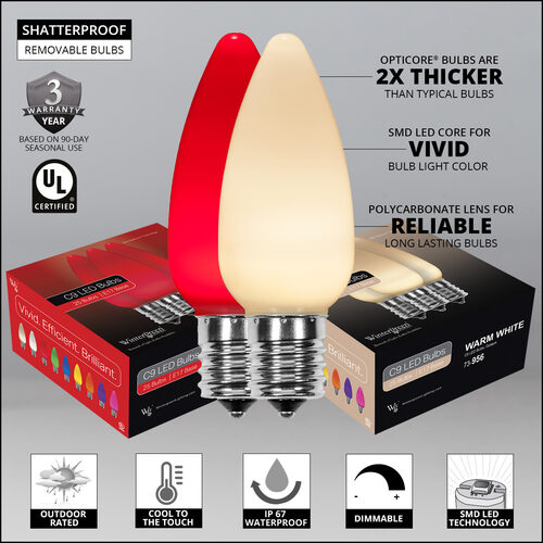 C9 Red / Warm White Smooth OptiCore Commercial LED Christmas Lights, 50 Lights, 50'