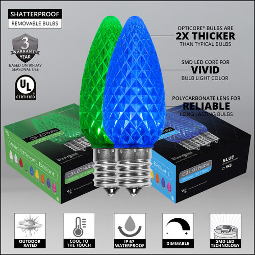 C9 Blue / Green OptiCore Commercial LED Christmas Lights, 50 Lights, 50'