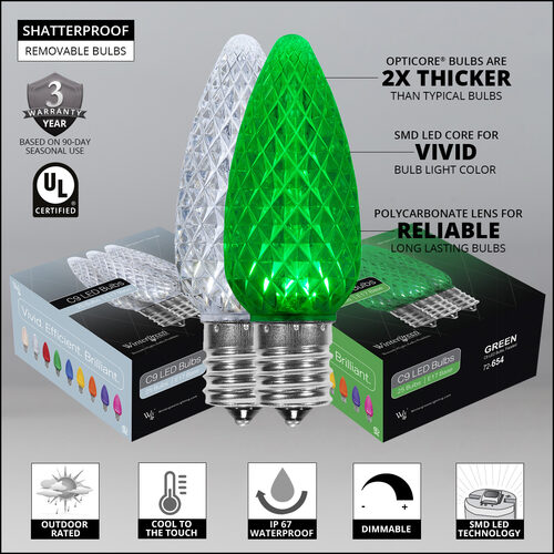 C9 Cool White / Green OptiCore Commercial LED Christmas Lights, 50 Lights, 50'