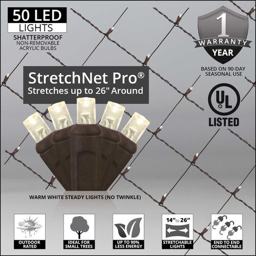 14" x 31" Warm White StretchNet Pro 5mm LED Christmas Trunk Wrap Lights, 50 Lights on Brown Wire