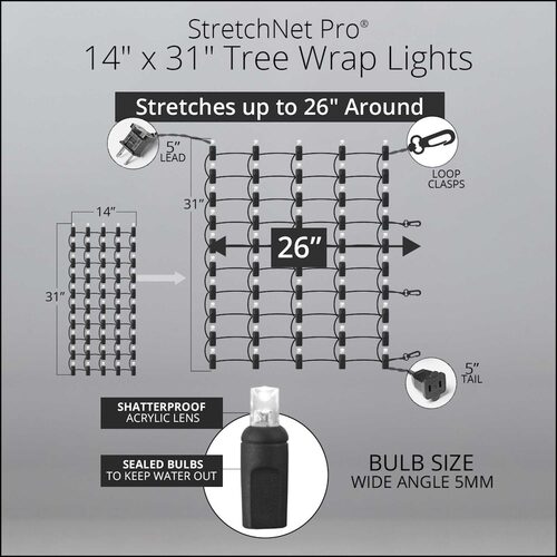 14" x 31" Warm White StretchNet Pro 5mm LED Christmas Trunk Wrap Lights, 50 Lights on Brown Wire