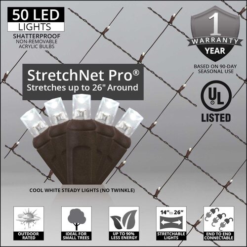 14" x 31" Cool White StretchNet Pro 5mm LED Christmas Trunk Wrap Lights, 50 Lights on Brown Wire