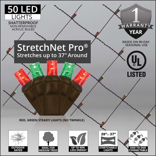 20" x 45" Red, Green StretchNet Pro 5mm LED Christmas Trunk Wrap Lights, 50 Lights on Brown Wire