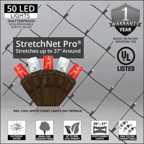 20" x 45" Red, Cool White StretchNet Pro 5mm LED Christmas Trunk Wrap Lights, 50 Lights on Brown Wire