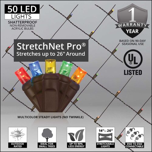 14" x 31" Multicolor StretchNet Pro 5mm LED Christmas Trunk Wrap Lights, 50 Lights on Brown Wire