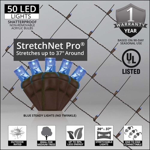 20" x 45" Blue StretchNet Pro 5mm LED Christmas Trunk Wrap Lights, 50 Lights on Brown Wire