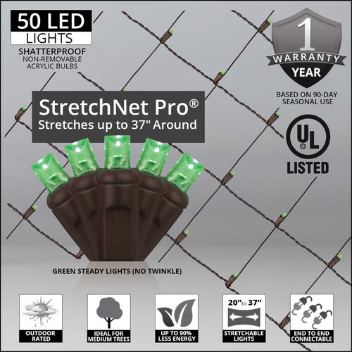 20" x 45" Green StretchNet Pro 5mm LED Christmas Trunk Wrap Lights, 50 Lights on Brown Wire