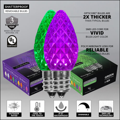 C7 Green / Purple OptiCore Commercial LED Halloween Lights, 50 Lights, 50'