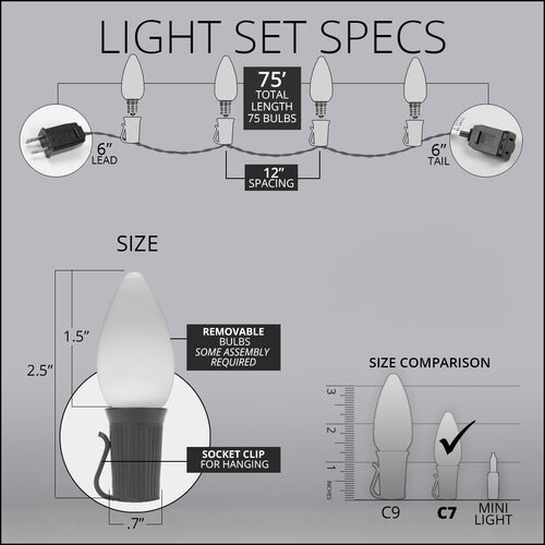 75' OptiCore LED Patio String Light Set with 75 C7 Red, White and Blue Lights, E12 Base, 12 Inch Spacing