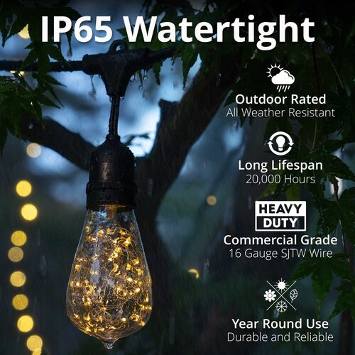 15' Warm White LEDimagine TM Patio String Light Set with 10 ST64 Fairy Light Bulbs on Black Wire, with Drops