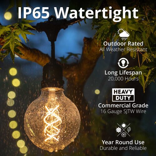 15' FlexFilament TM LED Patio String Light Set with 10 G95 Edison Bulbs on Black Wire, with Drops