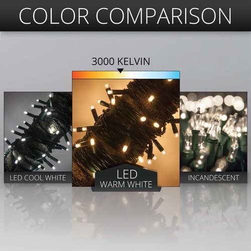 50 Kringle Traditions 5mm Warm White LED Christmas Lights, Green Wire, 4" Spacing