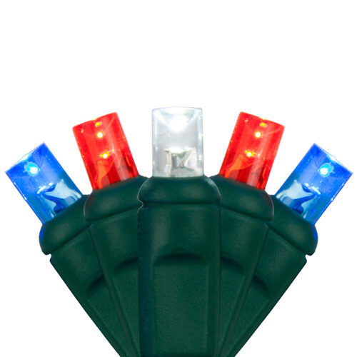 50 5mm Red, White, Blue LED Mini Lights with Flash, Green Wire, 6" Spacing