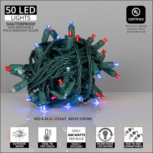 50 5mm Red, White, Blue LED Mini Lights with Flash, Green Wire, 6" Spacing