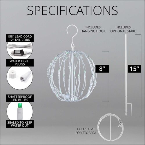 8" Green LED Light Ball, Fold Flat White Frame