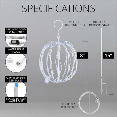 8" Blue LED Light Ball, Fold Flat White Frame