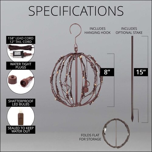 8" Warm White LED Light Ball, Fold Flat Brown Frame