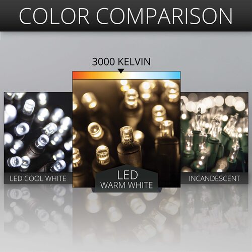 70 5mm Warm White LED Christmas Lights, Black Wire, 4" Spacing