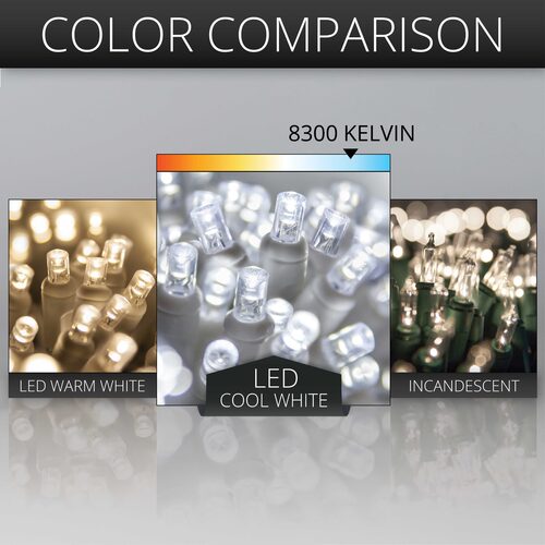 70 5mm Cool White LED Christmas Lights, White Wire, 4" Spacing