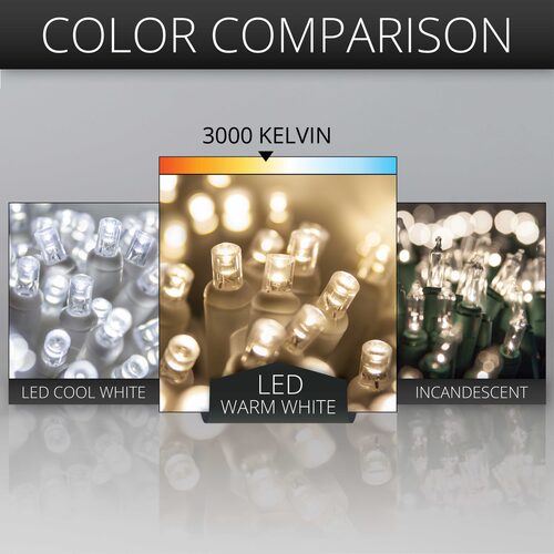 25 5mm Warm White LED Christmas Lights, White Wire, 3.5" Spacing