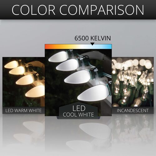 C9 Cool White Smooth OptiCore Commercial LED Christmas Lights, 25 Lights, 25'