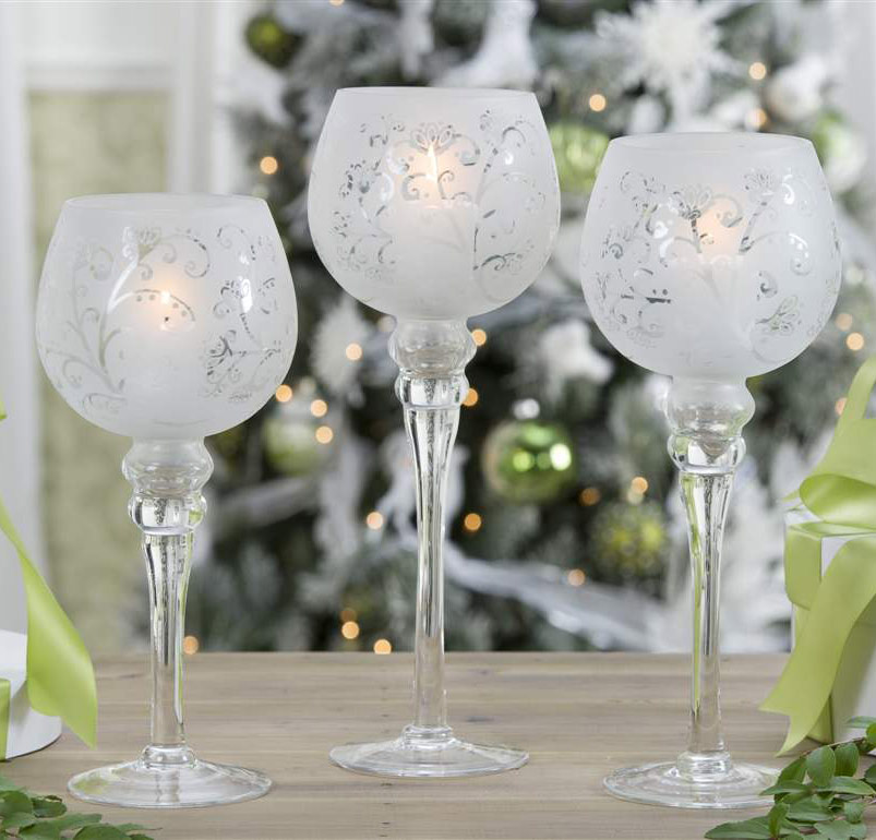 Frosted White Glass Hurricane Candle Holders 3 Piece Set