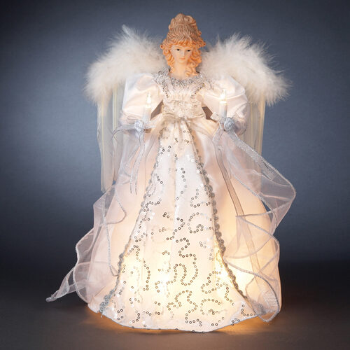 14" White and Silver Angel Tree Topper with Gold Wings