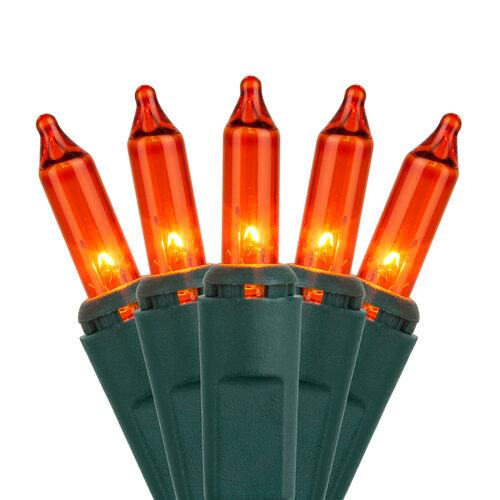 50 Amber / Orange Mini Lights, Green Wire, 4" Spacing