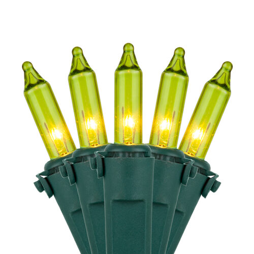 50 Chartreuse Mini Lights, Lamp Lock, Green Wire, 6" Spacing