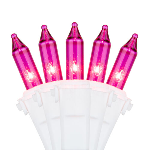 50 Pink Mini Lights, Lamp Lock, White Wire, 6" Spacing