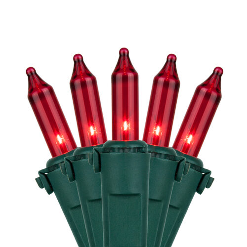 50 Red Mini Lights, Lamp Lock, Green Wire, 4" Spacing