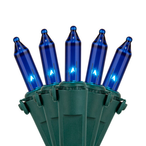 50 Blue Mini Lights, Lamp Lock, Green Wire, 6" Spacing