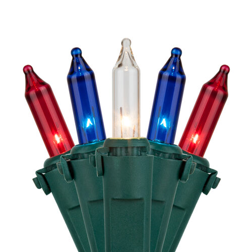 50 Blue, Red, Clear Mini Lights, Lamp Lock, Green Wire, 6" Spacing