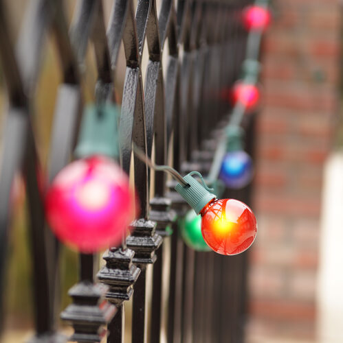 25' Commercial Multicolor Satin Patio String Light Set with 16 G50 Bulbs on Green Wire, E17 Base