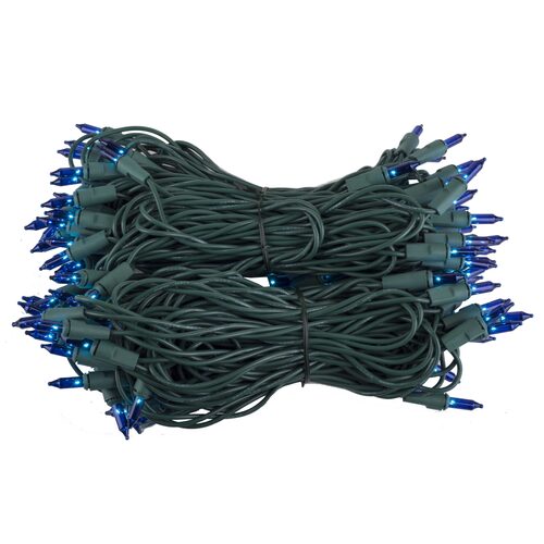 100 Blue Mini Lights, Green Wire, 6" Spacing