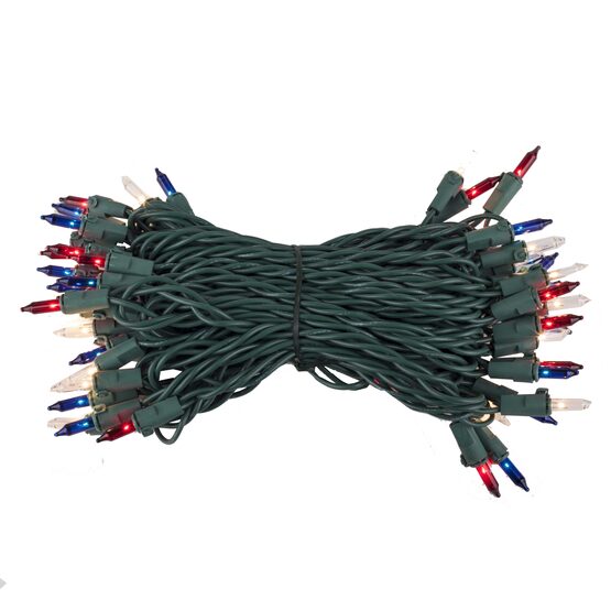50 Red, White and Blue Mini Lights, Green Wire, 6" SpacingWintergreen