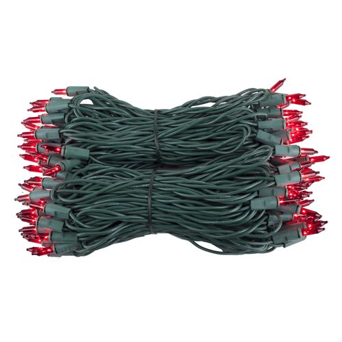100 Red Mini Lights, Green Wire, 4" Spacing