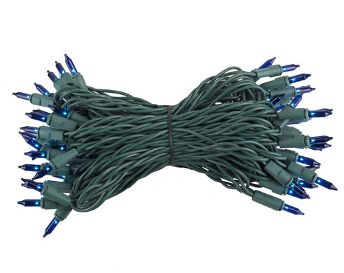50 Blue Mini Lights, Green Wire, 6" Spacing