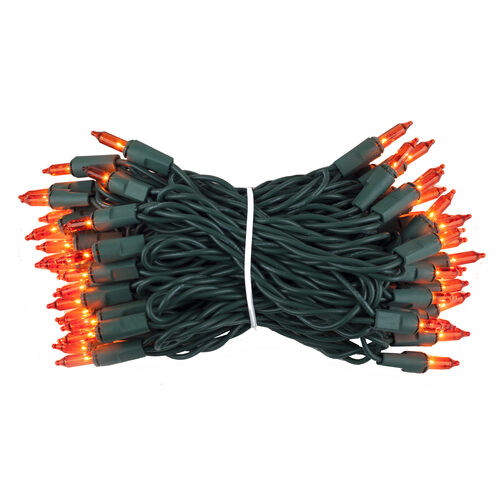 50 Amber / Orange Mini Lights, Green Wire, 4" Spacing
