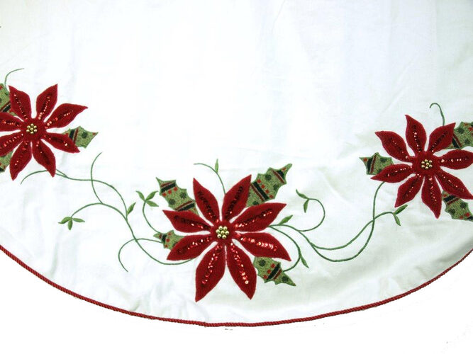 Cream and Burgundy Christmas Poinsettia Tree Skirt