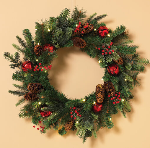24" Bells and Holly Prelit Wreath, 25 Warm White LED Mini Lights
