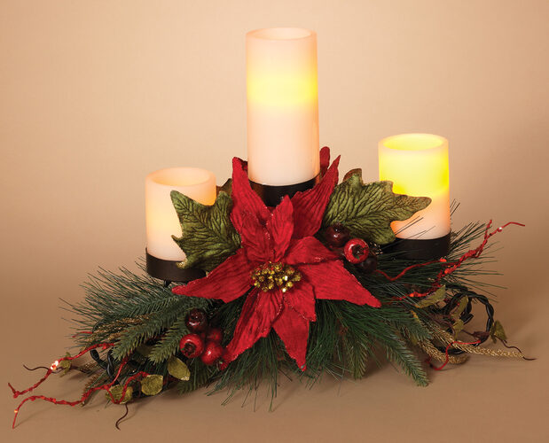 Metal Triple Candle Holder Centerpiece w/ Pointsettia and Berries