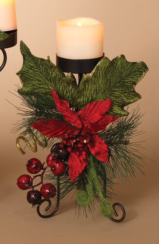 Metal Candle Holder Centerpiece w/ Poinsettia and Berries