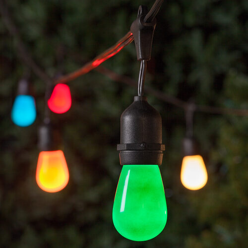 54' Commercial Multicolor Patio String Light Set with 24 S14 Bulbs on Black Wire, with Drops